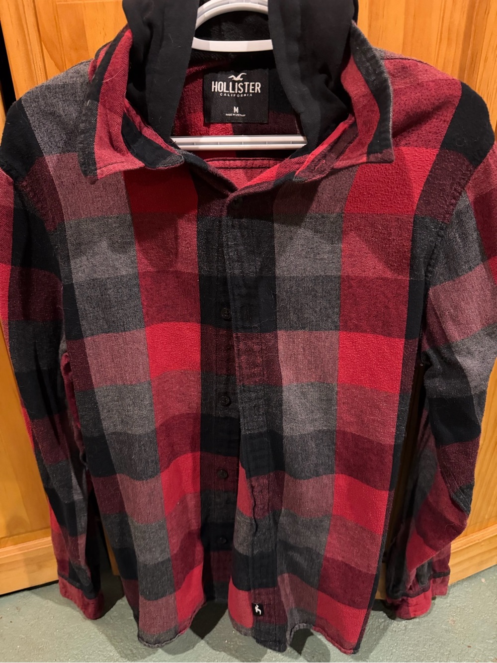 Hollister Hooded Flannel Red, Black & Gray Plaid Button-Down Shirt